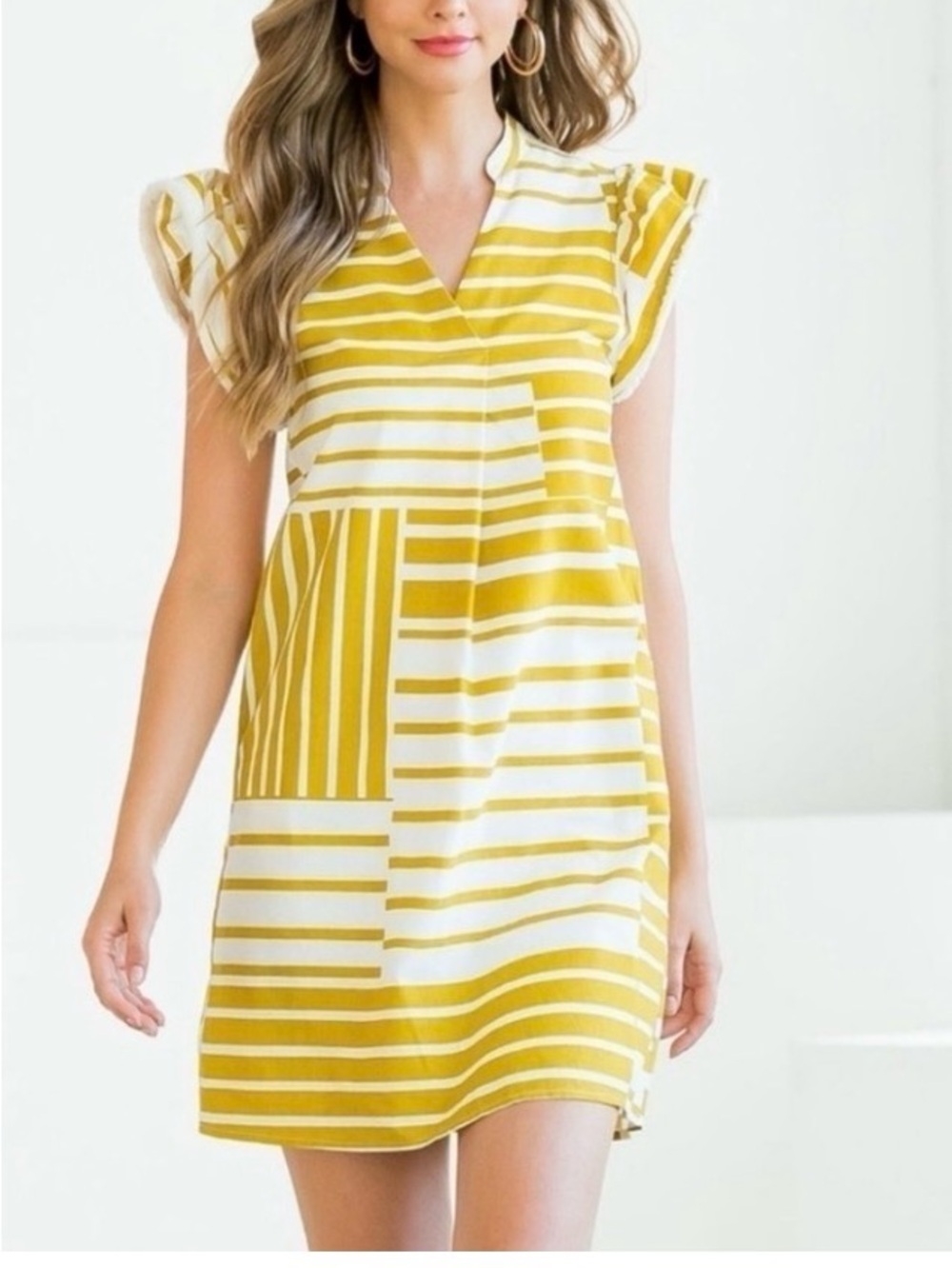Yellow & White Striped V-Neck Flutter Sleeve Mini Dress